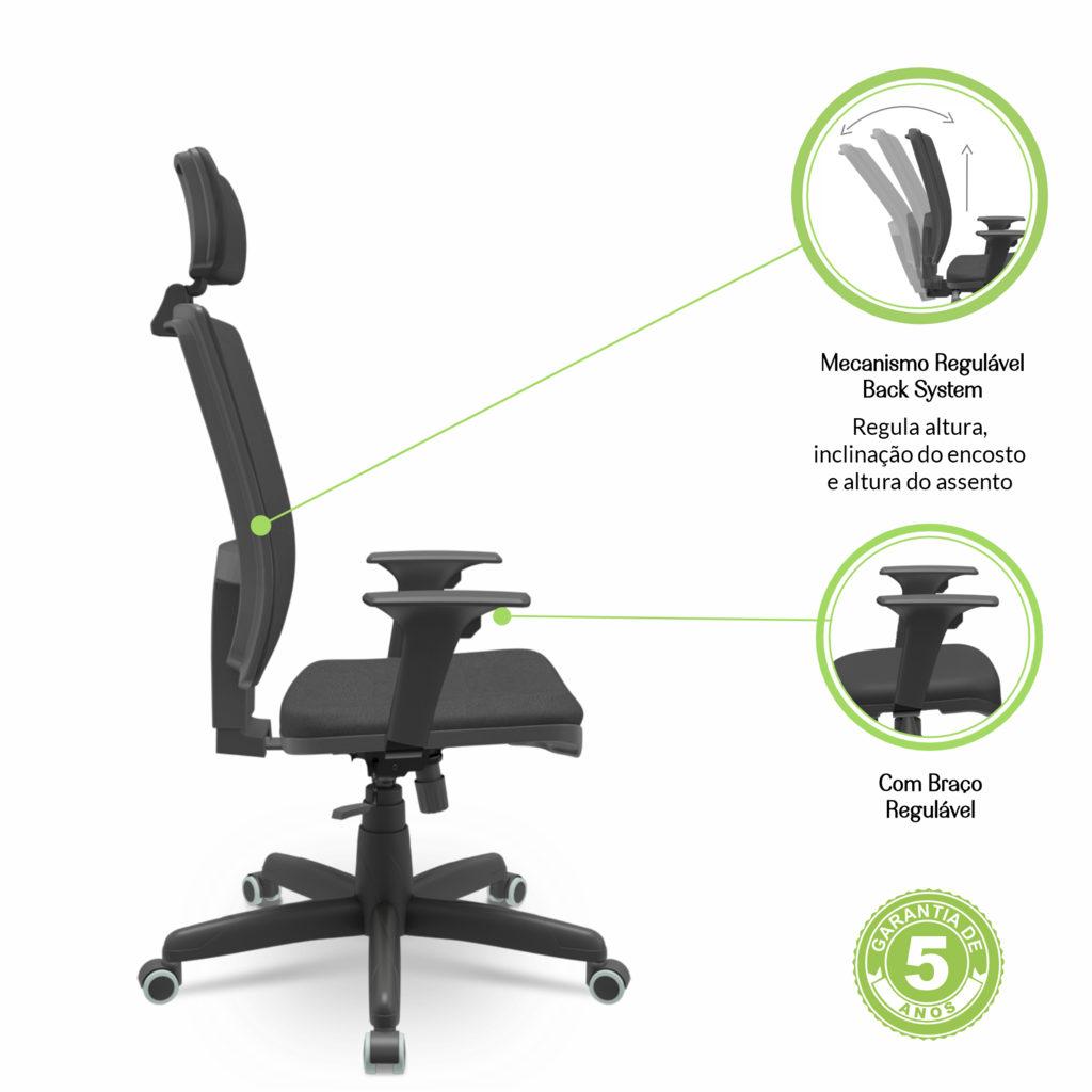 Cadeira Giratoria Presidente Brizza Tela com Regulagem no Encosto e Apoio de Cabeça