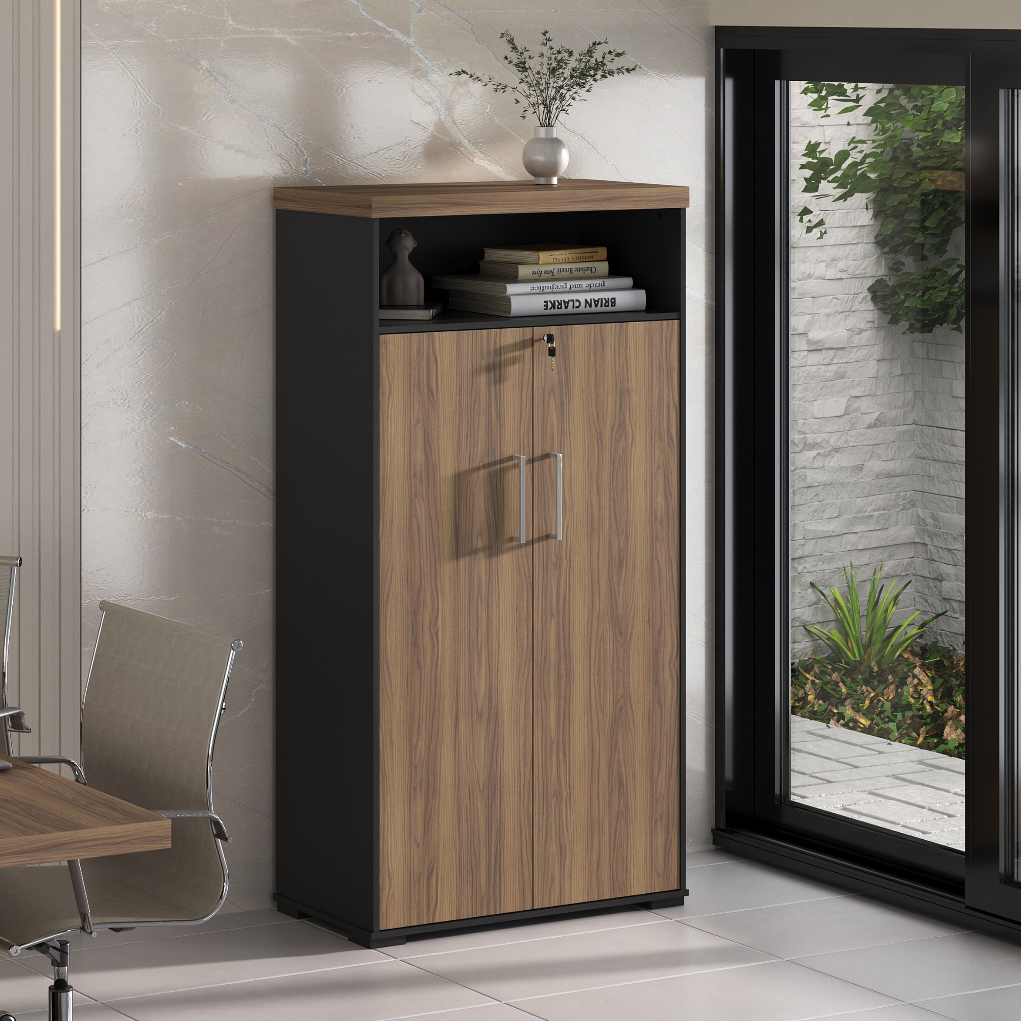 Armario Escritório 2 Portas e Nicho Tampo 50mm