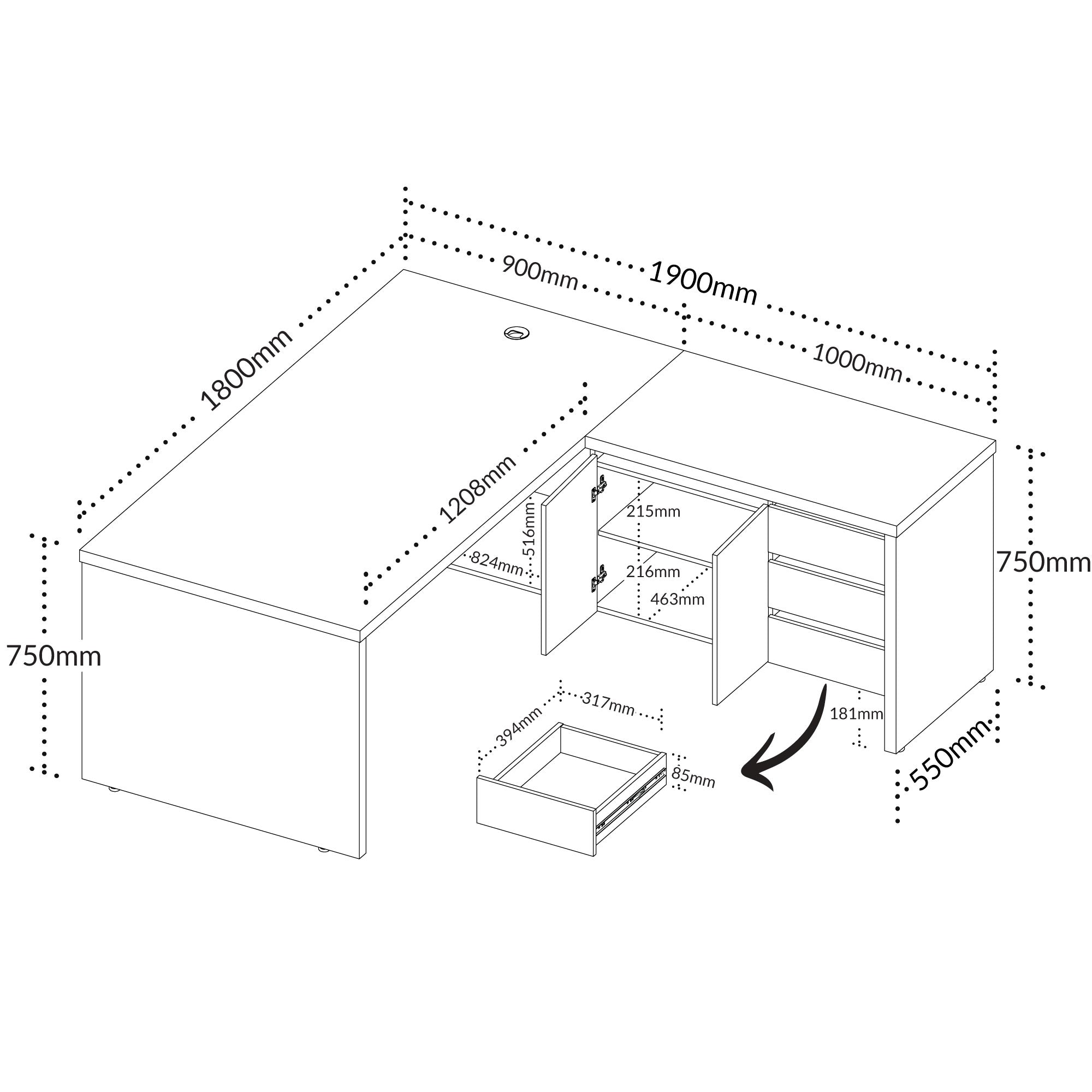Mesa em L Escritório Chefia Tampo 37mm